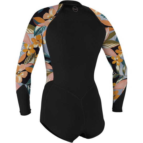 2024 O'neill Femininos Bahia 2/1mm Manga Comprida Front Zip Shorty Fato De Mergulho 5363 - Preto / Demiflor