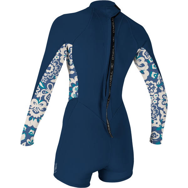 2024 O'neill Mulheres Bahia 2/1mm Manga Comprida Back Zip Shorty Fato De Mergulho 5291 - Francês Navy / Crisflor