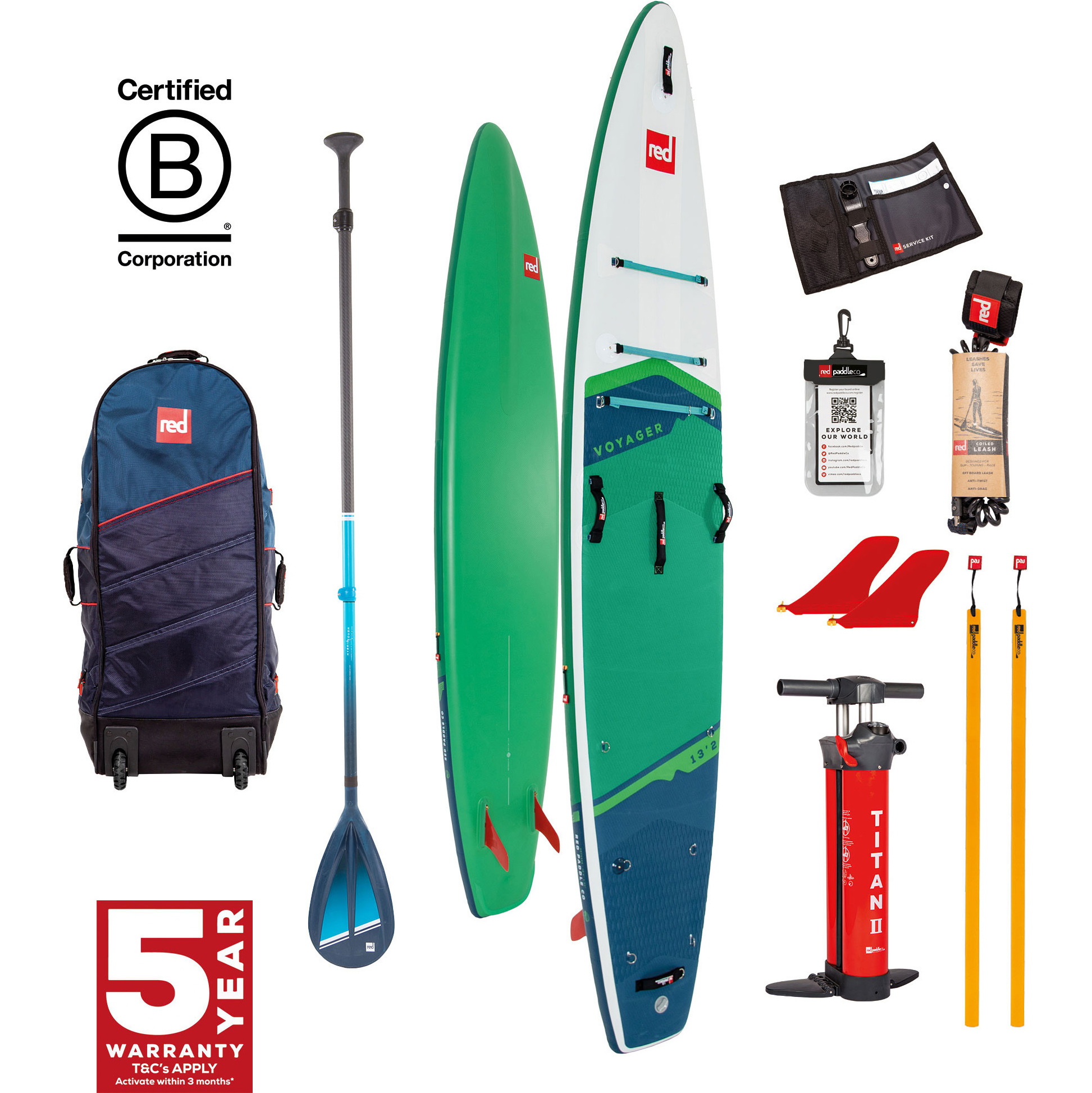 2024 Red Paddle Co 13'2'' Voyager Plus MSL Stand Up Paddle Board , Saco, Bomba E Hybrid Tough Paddle 001-001-002-0065 - Green