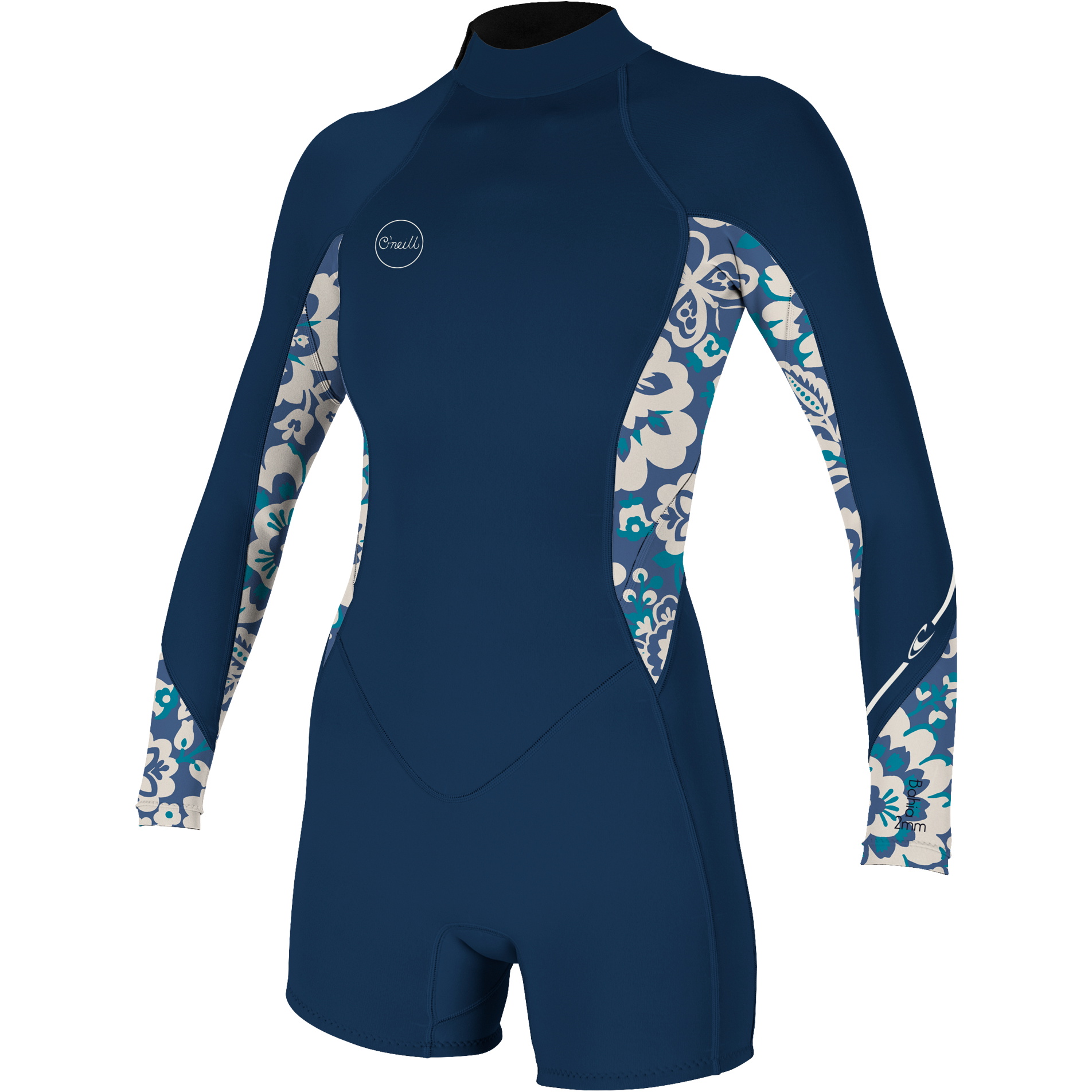 2024 O'neill Mulheres Bahia 2/1mm Manga Comprida Back Zip Shorty Fato De Mergulho 5291 - Francês Navy / Crisflor