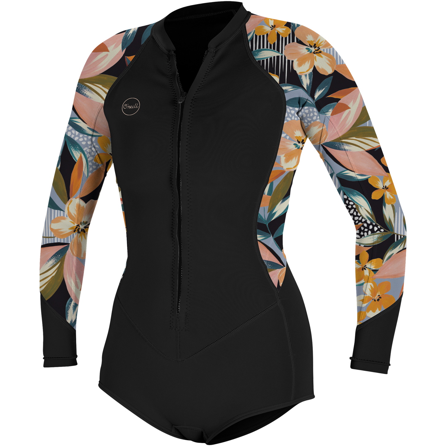 2024 O'neill Femininos Bahia 2/1mm Manga Comprida Front Zip Shorty Fato De Mergulho 5363 - Preto / Demiflor