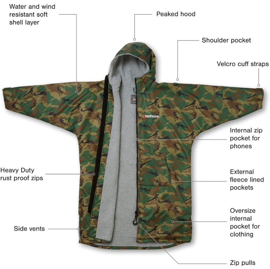 2026 Northcore Beach Basha Sport Manga Comprida Mudança Robe / Poncho NOCO24N - Camo
