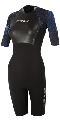 2025 Zone3 Womens Tropical Palm Back Zip Shorty Swimskin Ss21wwtc101 - Preto / Azul