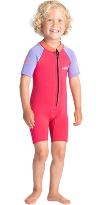 2025 C-Skins Junior C-KID 3/2mm Front Zip Shorty Fato De Mergulho C-BA32SH - Coral / Lilás