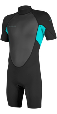 2026 ONeill Junior Reactor-2 2mm Back Zip Shorty Wetsuit 5045B - Black / Lt Aqua