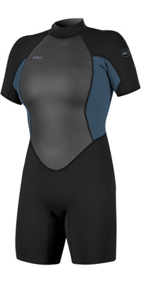 2026 ONeill Womens Reactor -2 2mm Back Zip Shorty Fato De Mergulho 5043B - Black / Azul Copen