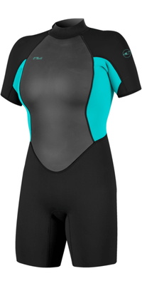 2026 ONeill Womens Reactor -2 2mm Back Zip Shorty Wetsuit 5043B - Black / Lt Aqua