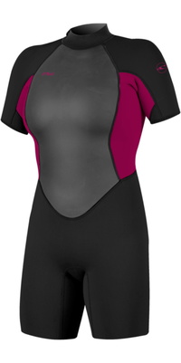 2026 ONeill Womens Reactor -2 2mm Back Zip Shorty Fato De Mergulho 5043B - Black / Rosa Punk
