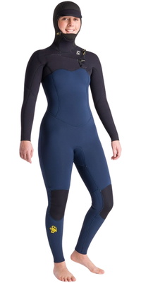 2025 C-Skins Womens NuWave Solace 5/4/3mm Chest Zip Fato De Mergulho Com Capuz C-NSO54WH - Bluestone / Black X / Saffron