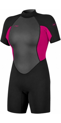 2026 ONeill Womens Reactor -2 2mm Back Zip Shorty Fato De Mergulho 5043B - Black / Rosa Punk