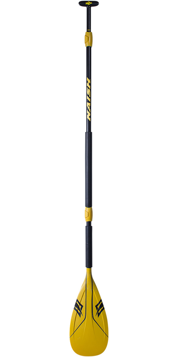 Three-piece adjustable SUP paddle with a yellow blade and black shaft, on a white background