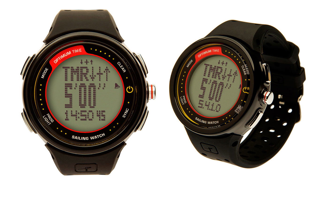 Two black Optimum Time sailing watches, one square-cased and one round, showing race timers