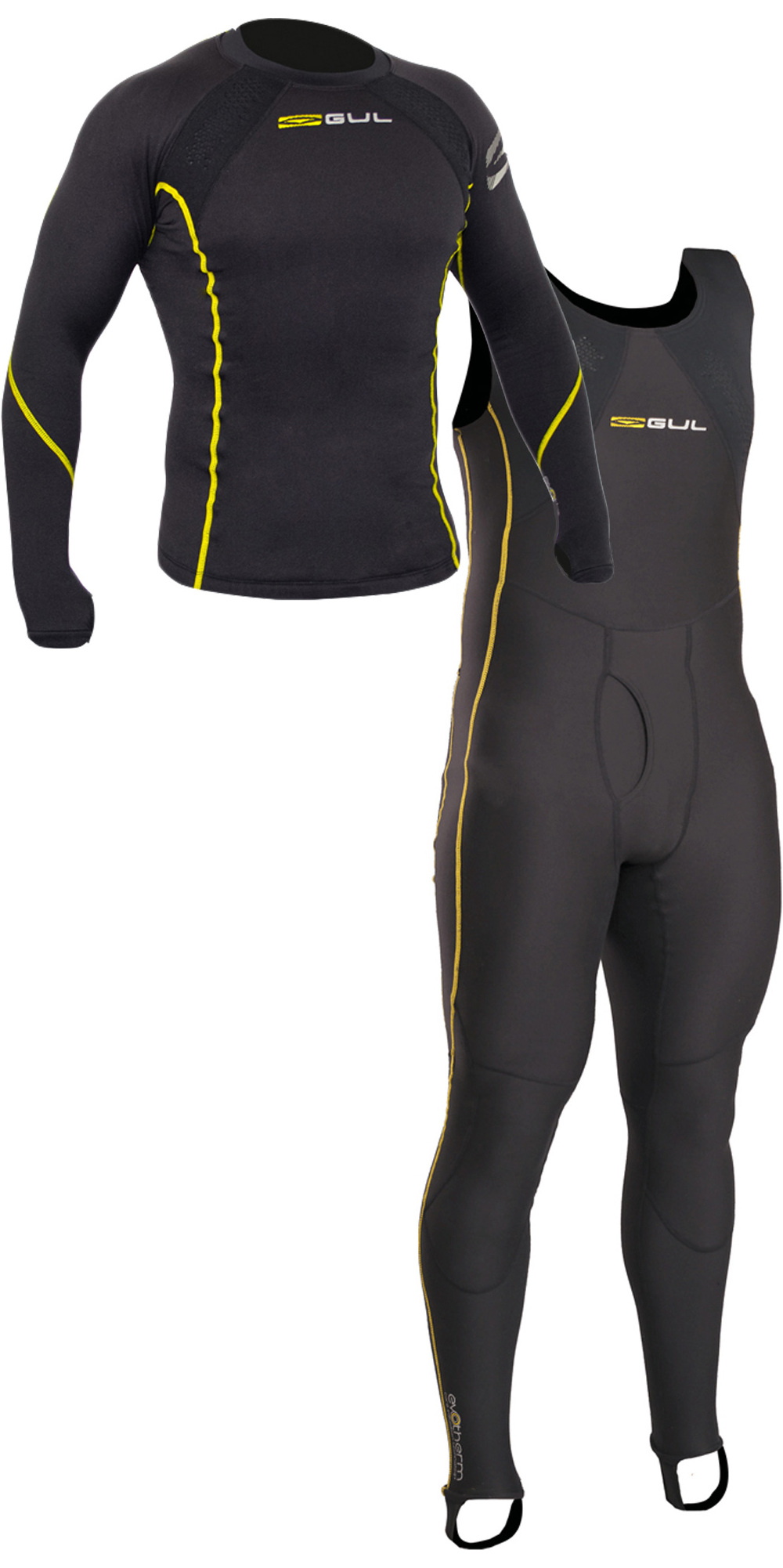 Black Gul thermal long-sleeved top shown with a matching sleeveless long john, yellow trim