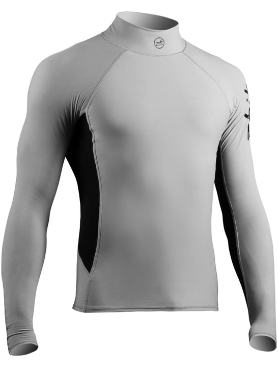 Grey long-sleeved high-neck thermal fleece top with black side panels, shown on a form