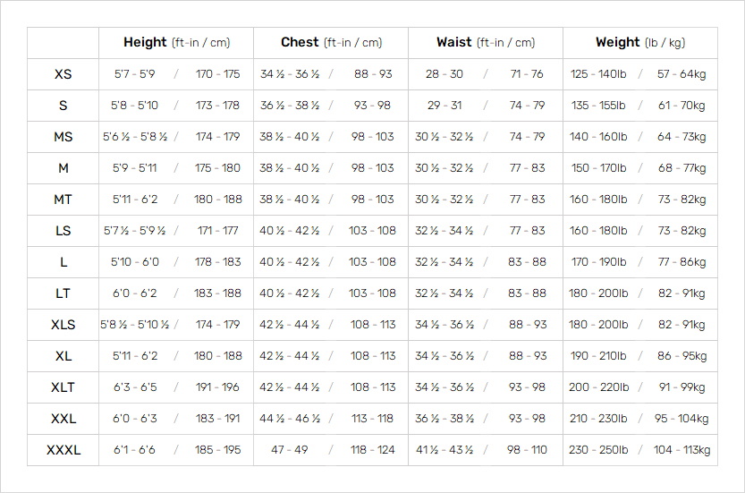 Nyord Mens Wetsuits Mens Size Chart