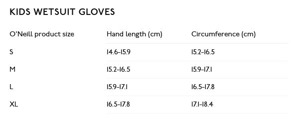 ONeill Junior Gloves 22 0 Gráfico do tamanho