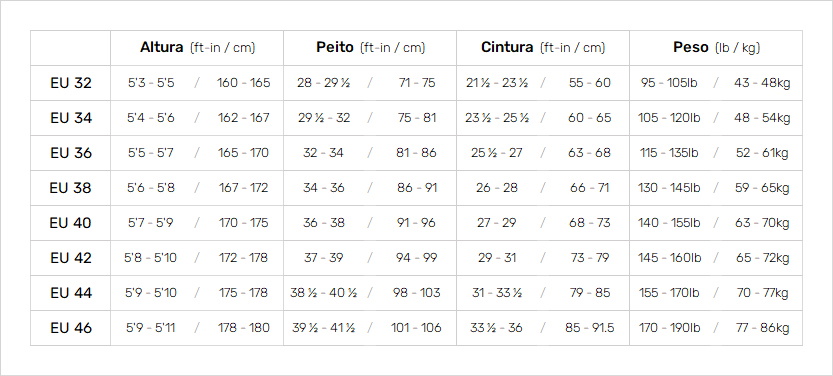 Nyord Womens Wetsuits 0 Gráfico do tamanho