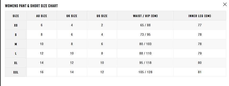 Zhik Womens Pants Shorts 0 Gráfico do tamanho