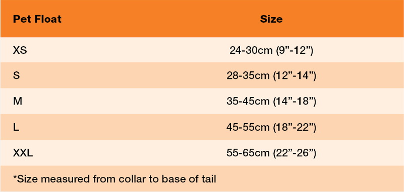 Crewsaver Pet Float Size 21 0 Gráfico do tamanho